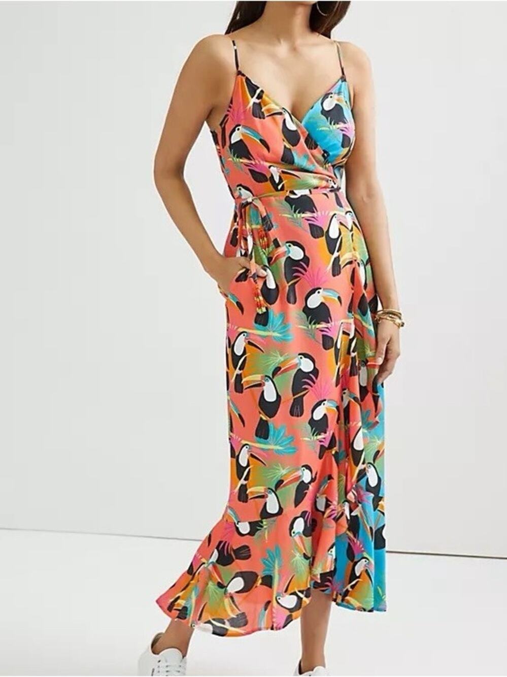Anthropologie FARM Rio Toucan Bird Wrap Maxi Dress Floral Resortwear Sz S